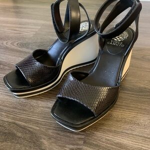 Vince Camuto Black and White Wedge Shoes with Ankle Strap